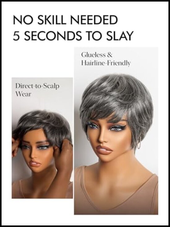 Short Pixie Cut Wig with Bangs Glueless Human Hair Skin Friendly Cap main image 5